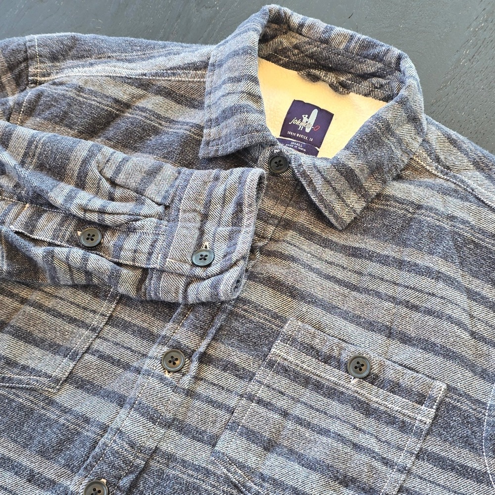Johnnie-O Mens Small Blue Stripe Sherpa Lined Flannel Shirt Jacket Elbow Patches